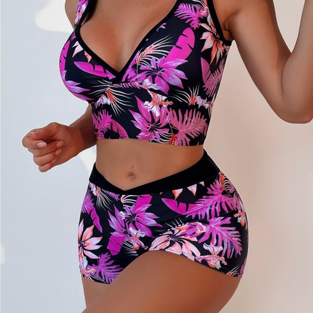 SHEIN Pink and Black Tropical Bikini Set